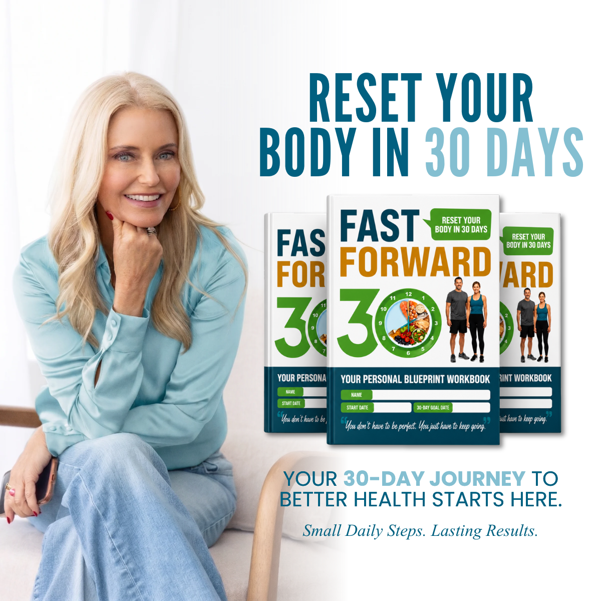 Woman sitting on a couch with 'Fast Forward 30' books and promotional text about resetting the body in 30 days.